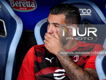 Theo Hernandez of AC Milan looks on during the Serie A Enilive match between SS Lazio and AC Milan at Stadio Olimpico on Aug 31, 2024 in Rom...