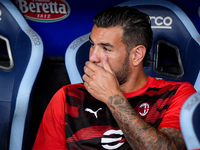 Theo Hernandez of AC Milan looks on during the Serie A Enilive match between SS Lazio and AC Milan at Stadio Olimpico on Aug 31, 2024 in Rom...