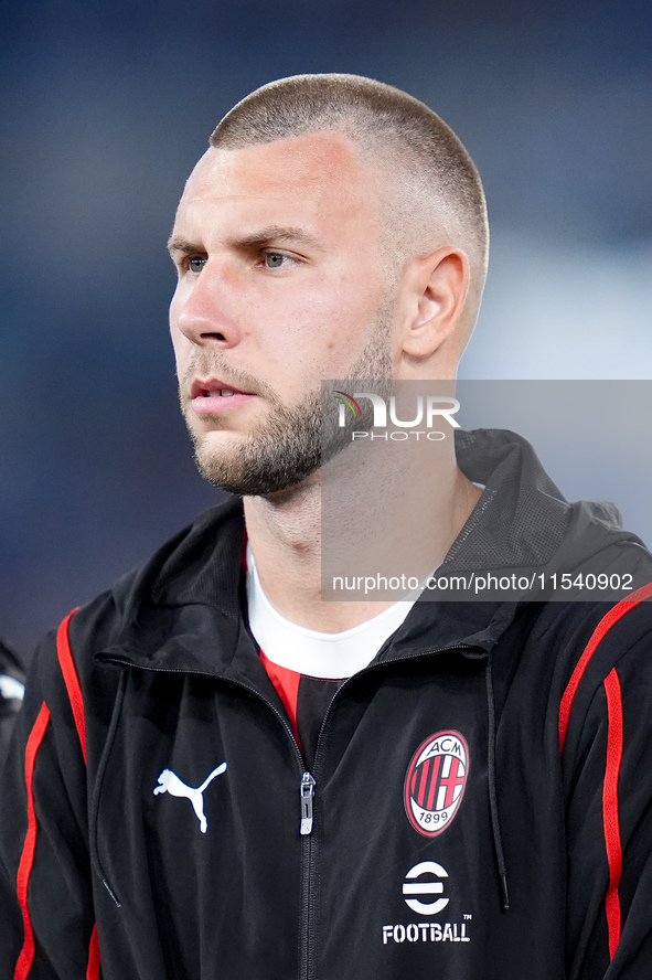 Strahinja Pavlovic of AC Milan looks on during the Serie A Enilive match between SS Lazio and AC Milan at Stadio Olimpico on Aug 31, 2024 in...