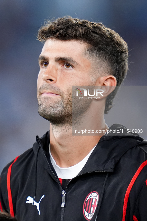 Christian Pulisic of AC Milan looks on during the Serie A Enilive match between SS Lazio and AC Milan at Stadio Olimpico on Aug 31, 2024 in...