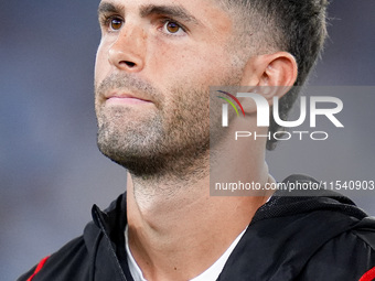 Christian Pulisic of AC Milan looks on during the Serie A Enilive match between SS Lazio and AC Milan at Stadio Olimpico on Aug 31, 2024 in...