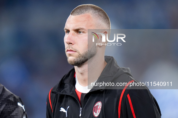 Strahinja Pavlovic of AC Milan looks on during the Serie A Enilive match between SS Lazio and AC Milan at Stadio Olimpico on Aug 31, 2024 in...