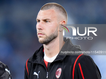 Strahinja Pavlovic of AC Milan looks on during the Serie A Enilive match between SS Lazio and AC Milan at Stadio Olimpico on Aug 31, 2024 in...