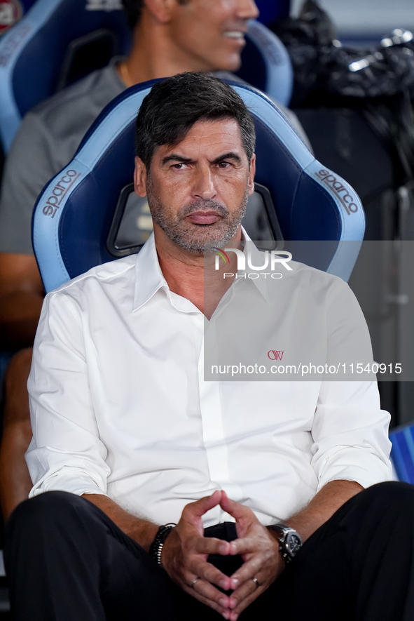 Paulo Fonseca head coach of AC Milan looks on during the Serie A Enilive match between SS Lazio and AC Milan at Stadio Olimpico on Aug 31, 2...