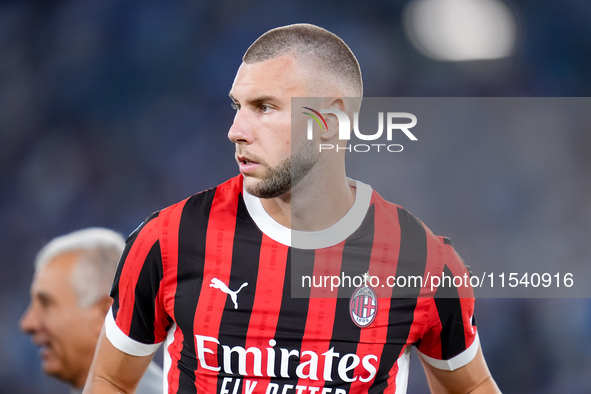 Strahinja Pavlovic of AC Milan looks on during the Serie A Enilive match between SS Lazio and AC Milan at Stadio Olimpico on Aug 31, 2024 in...