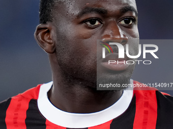 Youssouf Fofana of AC Milan looks on during the Serie A Enilive match between SS Lazio and AC Milan at Stadio Olimpico on Aug 31, 2024 in Ro...