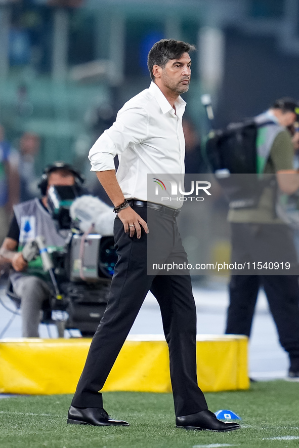 Paulo Fonseca head coach of AC Milan looks on during the Serie A Enilive match between SS Lazio and AC Milan at Stadio Olimpico on Aug 31, 2...