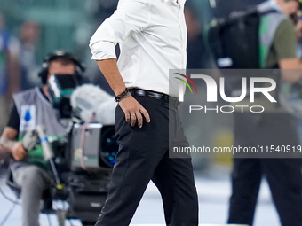 Paulo Fonseca head coach of AC Milan looks on during the Serie A Enilive match between SS Lazio and AC Milan at Stadio Olimpico on Aug 31, 2...