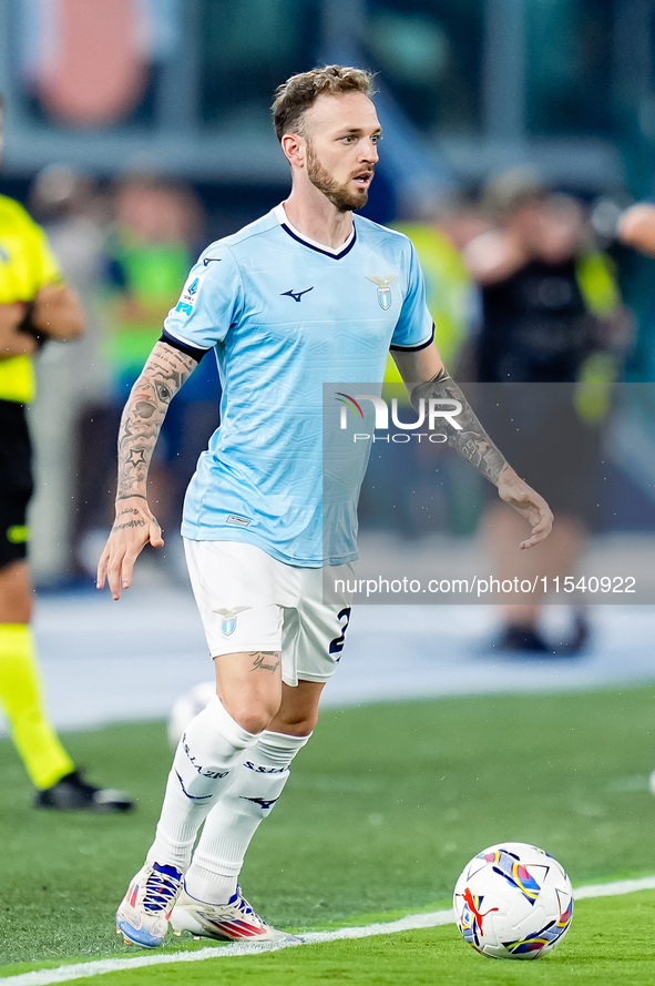 Manuel Lazzari of SS Lazio in action during the Serie A Enilive match between SS Lazio and AC Milan at Stadio Olimpico on Aug 31, 2024 in Ro...