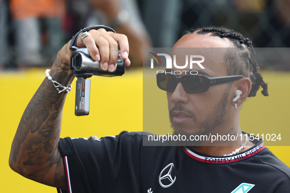 Lewis Hamilton of Mercedes before the Formula 1 Italian Grand Prix at Autodromo Nazionale di Monza in Monza, Italy on September 1, 2024. 