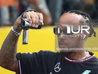 Lewis Hamilton of Mercedes before the Formula 1 Italian Grand Prix at Autodromo Nazionale di Monza in Monza, Italy on September 1, 2024. (