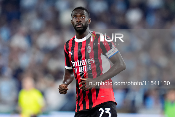 Fikayo Tomori of AC Milan looks on during the Serie A Enilive match between SS Lazio and AC Milan at Stadio Olimpico on Aug 31, 2024 in Rome...