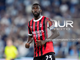 Fikayo Tomori of AC Milan looks on during the Serie A Enilive match between SS Lazio and AC Milan at Stadio Olimpico on Aug 31, 2024 in Rome...