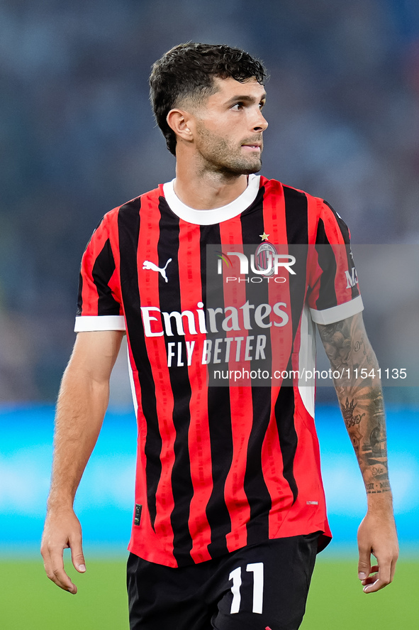 Christian Pulisic of AC Milan looks on during the Serie A Enilive match between SS Lazio and AC Milan at Stadio Olimpico on Aug 31, 2024 in...