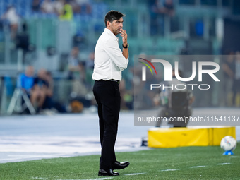 Paulo Fonseca head coach of AC Milan looks on during the Serie A Enilive match between SS Lazio and AC Milan at Stadio Olimpico on Aug 31, 2...