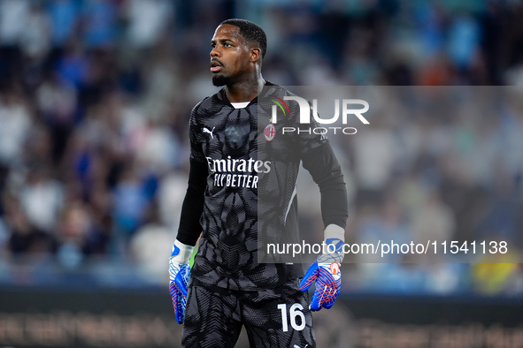 Mike Maignan of AC Milan looks on during the Serie A Enilive match between SS Lazio and AC Milan at Stadio Olimpico on Aug 31, 2024 in Rome,...