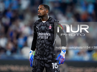 Mike Maignan of AC Milan looks on during the Serie A Enilive match between SS Lazio and AC Milan at Stadio Olimpico on Aug 31, 2024 in Rome,...