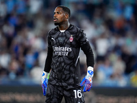 Mike Maignan of AC Milan looks on during the Serie A Enilive match between SS Lazio and AC Milan at Stadio Olimpico on Aug 31, 2024 in Rome,...