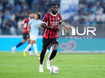 Fikayo Tomori of AC Milan during the Serie A Enilive match between SS Lazio and AC Milan at Stadio Olimpico on Aug 31, 2024 in Rome, Italy....