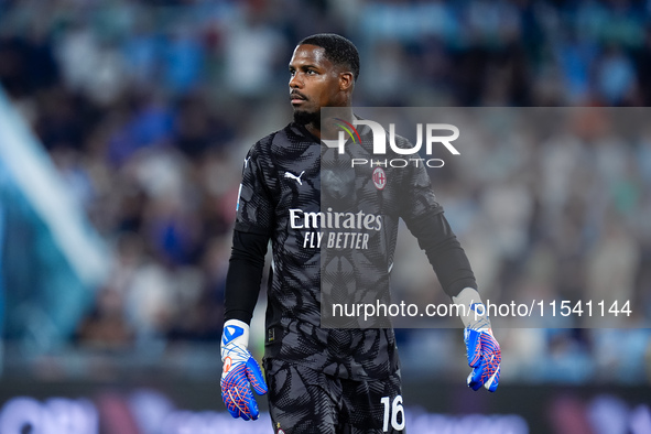 Mike Maignan of AC Milan looks on during the Serie A Enilive match between SS Lazio and AC Milan at Stadio Olimpico on Aug 31, 2024 in Rome,...