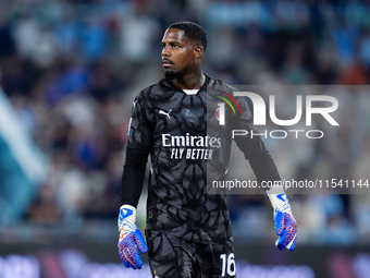 Mike Maignan of AC Milan looks on during the Serie A Enilive match between SS Lazio and AC Milan at Stadio Olimpico on Aug 31, 2024 in Rome,...