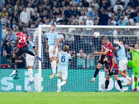 Strahinja Pavlovic of AC Milan scores first goal during the Serie A Enilive match between SS Lazio and AC Milan at Stadio Olimpico on Aug 31...