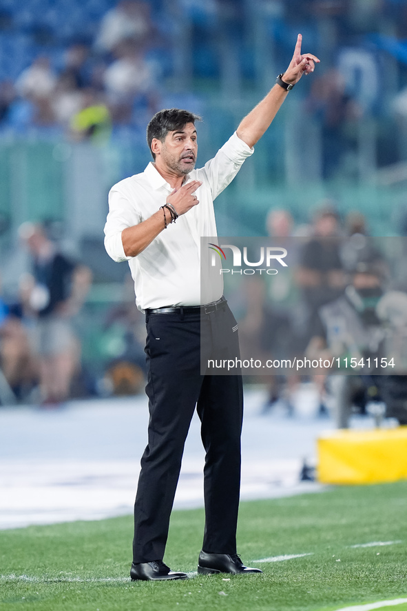 Paulo Fonseca head coach of AC Milan gestures during the Serie A Enilive match between SS Lazio and AC Milan at Stadio Olimpico on Aug 31, 2...