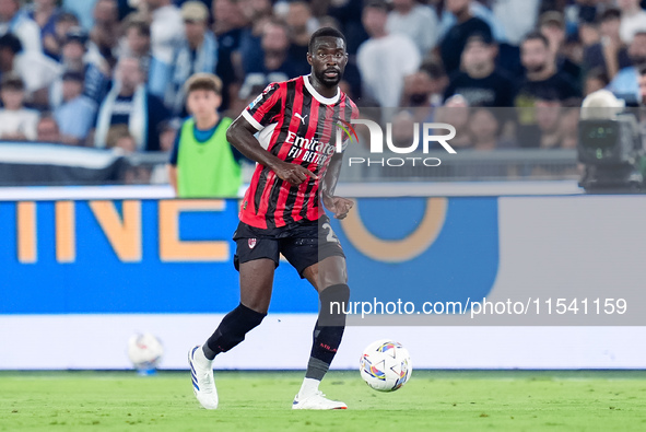 Fikayo Tomori of AC Milan during the Serie A Enilive match between SS Lazio and AC Milan at Stadio Olimpico on Aug 31, 2024 in Rome, Italy. 