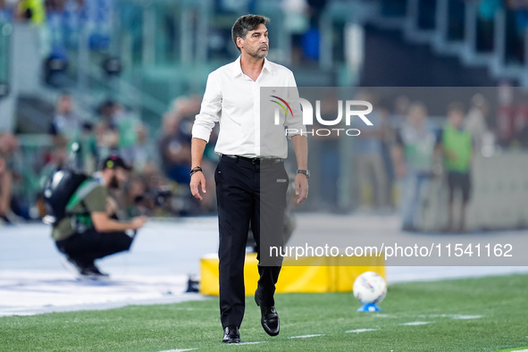 Paulo Fonseca head coach of AC Milan looks on during the Serie A Enilive match between SS Lazio and AC Milan at Stadio Olimpico on Aug 31, 2...