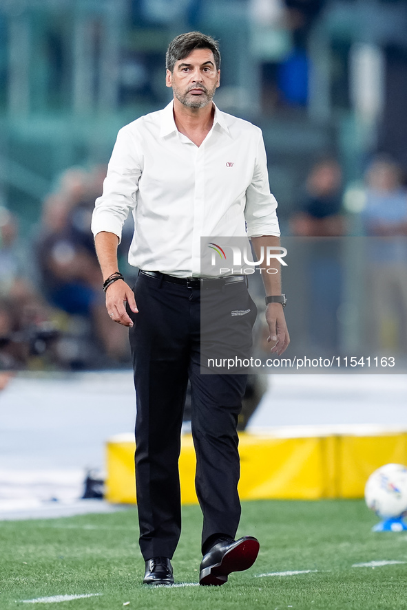 Paulo Fonseca head coach of AC Milan looks on during the Serie A Enilive match between SS Lazio and AC Milan at Stadio Olimpico on Aug 31, 2...