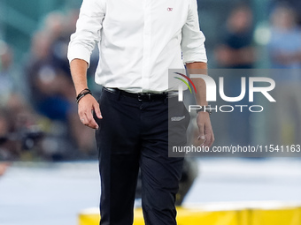 Paulo Fonseca head coach of AC Milan looks on during the Serie A Enilive match between SS Lazio and AC Milan at Stadio Olimpico on Aug 31, 2...