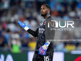 Mike Maignan of AC Milan gestures during the Serie A Enilive match between SS Lazio and AC Milan at Stadio Olimpico on Aug 31, 2024 in Rome,...