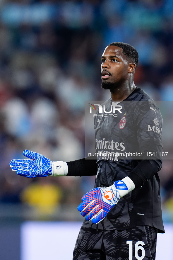 Mike Maignan of AC Milan looks on during the Serie A Enilive match between SS Lazio and AC Milan at Stadio Olimpico on Aug 31, 2024 in Rome,...