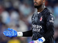 Mike Maignan of AC Milan looks on during the Serie A Enilive match between SS Lazio and AC Milan at Stadio Olimpico on Aug 31, 2024 in Rome,...