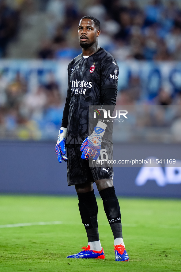 Mike Maignan of AC Milan looks on during the Serie A Enilive match between SS Lazio and AC Milan at Stadio Olimpico on Aug 31, 2024 in Rome,...