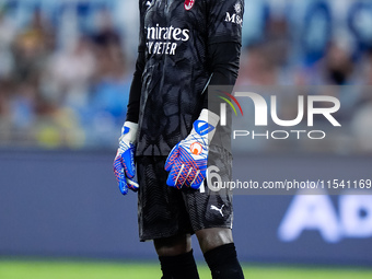 Mike Maignan of AC Milan looks on during the Serie A Enilive match between SS Lazio and AC Milan at Stadio Olimpico on Aug 31, 2024 in Rome,...