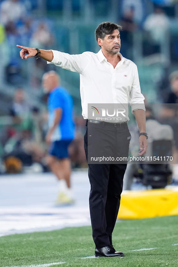 Paulo Fonseca head coach of AC Milan gestures during the Serie A Enilive match between SS Lazio and AC Milan at Stadio Olimpico on Aug 31, 2...