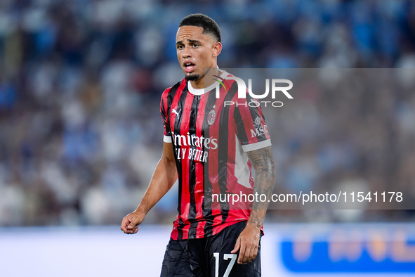 Noah Okafor of AC Milan looks on during the Serie A Enilive match between SS Lazio and AC Milan at Stadio Olimpico on Aug 31, 2024 in Rome,...