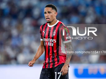 Noah Okafor of AC Milan looks on during the Serie A Enilive match between SS Lazio and AC Milan at Stadio Olimpico on Aug 31, 2024 in Rome,...