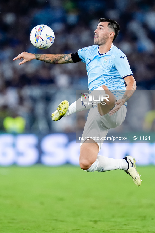 Alessio Romagnoli of SS Lazio controls the ball during the Serie A Enilive match between SS Lazio and AC Milan at Stadio Olimpico on Aug 31,...