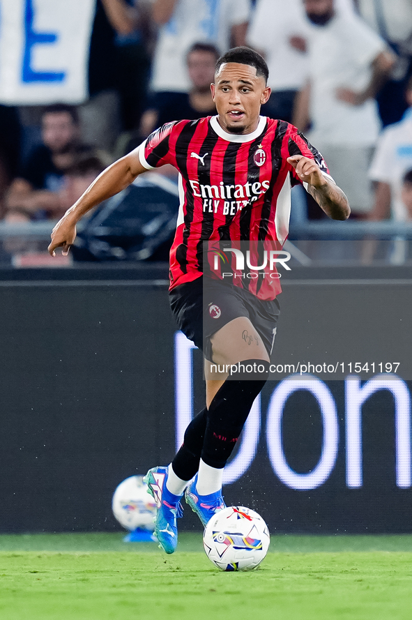 Noah Okafor of AC Milan during the Serie A Enilive match between SS Lazio and AC Milan at Stadio Olimpico on Aug 31, 2024 in Rome, Italy. 