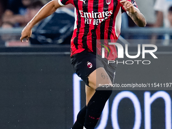 Noah Okafor of AC Milan during the Serie A Enilive match between SS Lazio and AC Milan at Stadio Olimpico on Aug 31, 2024 in Rome, Italy. (