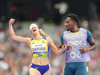 Lorena Silva Spoladore of Brazil celebrates winning gold in Women's 100m - T11 Semi-Finals during the Paris 2024 Paralympic Games at Stade d...