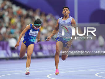 Jerusa Geber Dos Santos of Brazil beats the world record in Women's 100m - T11 Semi-Finals during the Paris 2024 Paralympic Games at Stade d...