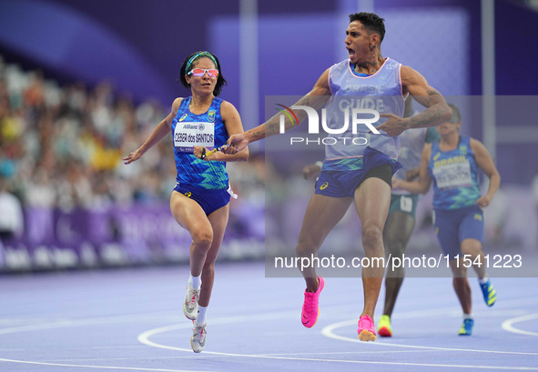 Jerusa Geber Dos Santos of Brazil beats the world record in Women's 100m - T11 Semi-Finals during the Paris 2024 Paralympic Games at Stade d...