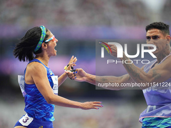 Jerusa Geber Dos Santos of Brazil beats the world record in Women's 100m - T11 Semi-Finals during the Paris 2024 Paralympic Games at Stade d...