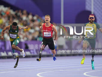 Daniel Wagner of Denmark celebrates winning silver in Men's 100m - T63 Final during the Paris 2024 Paralympic Games at Stade de France on Se...