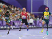 Daniel Wagner of Denmark celebrates winning silver in Men's 100m - T63 Final during the Paris 2024 Paralympic Games at Stade de France on Se...