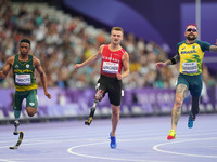 Daniel Wagner of Denmark celebrates winning silver in Men's 100m - T63 Final during the Paris 2024 Paralympic Games at Stade de France on Se...