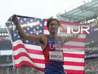 Ezra Frech of United States of America celebrates winning gold in Men's 100m - T63 Final during the Paris 2024 Paralympic Games at Stade de...